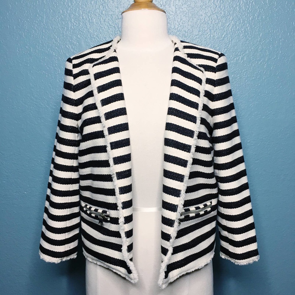 Metaphor Striped Fringe Zipper Pocket Blazer